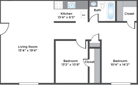 Floor plan for 2 beds, 1 bath, 728 sqft